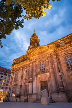 Holy Cross Church in Dresden at night. Dresden, Saxony, Germany.