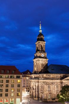 Holy Cross Church in Dresden at night. Dresden, Saxony, Germany.