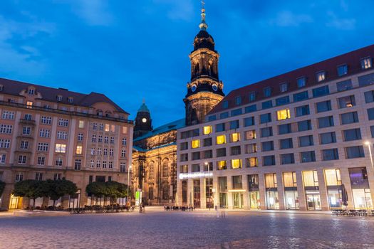 Holy Cross Church in Dresden at night. Dresden, Saxony, Germany.