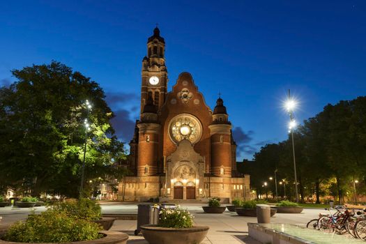 Johannes Church in Malmo at night. Malmo, Scania, Sweden.