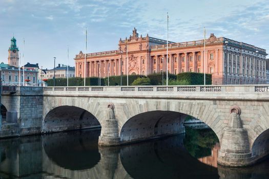 Parliament of Sweden in Stockholm at sunrise. Stockholm, Sodermanland and Uppland, Sweden.