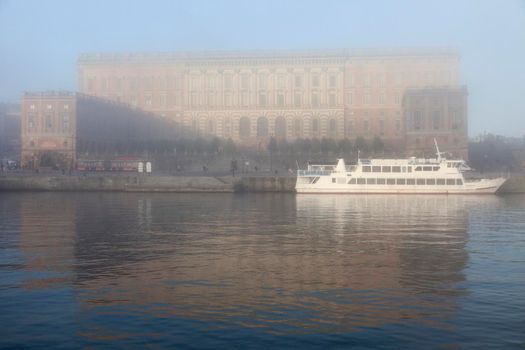 Stockholm Palace in fog. Stockholm, Sodermanland and Uppland, Sweden.