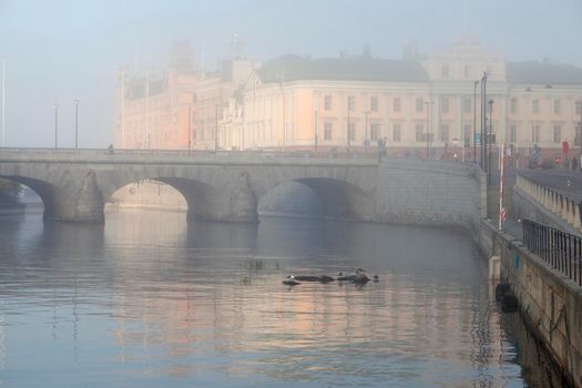 Panorama of foggy Stockholm. Stockholm, Sodermanland and Uppland, Sweden.