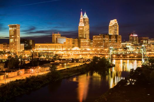 Cleveland skyline and Cuyahoga River. Cleveland, Ohio, USA.