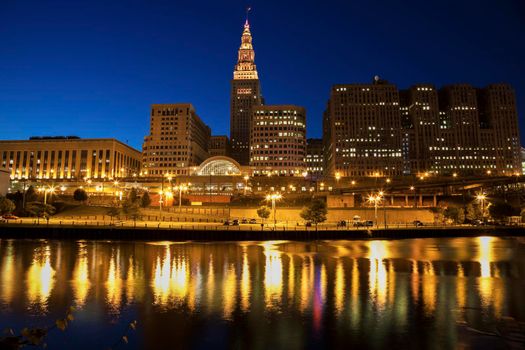 Cleveland skyline at night. Cleveland, Ohio, USA.