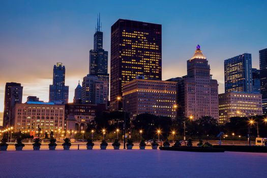Skyline of Chicago at sunset. Chicago, Illinois, USA.