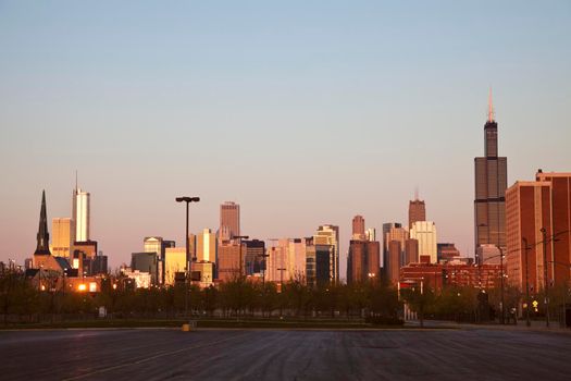 Chicago skyscrapers at sunset. Chicago, Illinois, USA.