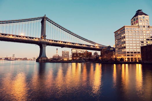 Manhattan Bridge in New York at evening. New York, New York, USA.