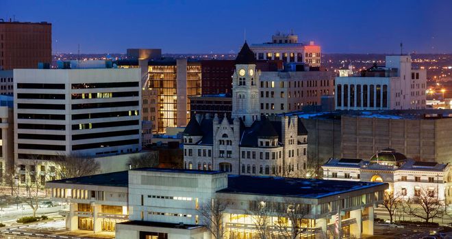 Panorama of Wichita at night. Wichita, Kansas, USA.