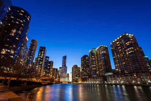 Chicago architecture along the river. Chicago, Illinois, USA.