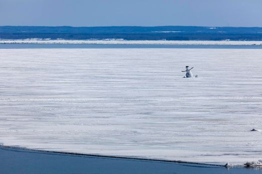 Snowman on the Lake Superior in Duluth. Duluth, Minnesota, USA.