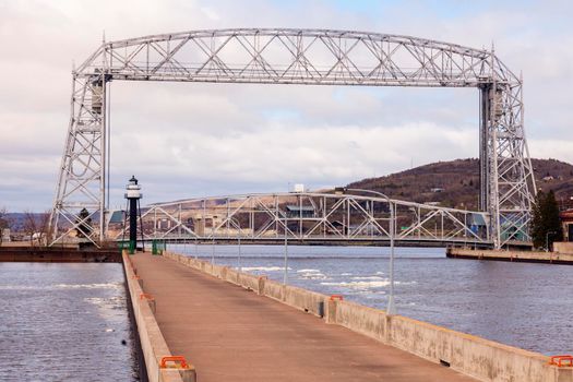 Lighthouse and bridge in Duluth  . Duluth, Minnesota, USA.