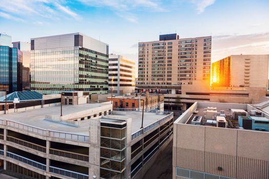 Downtown of Regina at sunset. Regina, Saskatchewan, Canada.