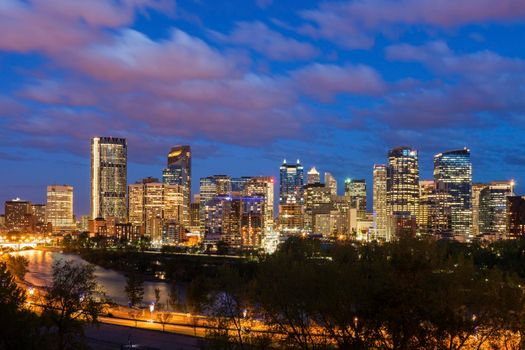Calgary - panorama of city with Bow River. Calgary, Alberta, Canada.