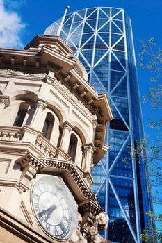 Clock tower in Calgary. Calgary, Alberta, Canada.
