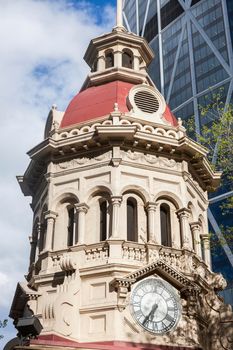 Old clock tower in downtown of Calgary. Calgary, Alberta, Canada.