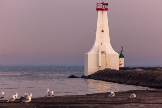 Cobourg East Pierhead Lighthouse by Lake Ontario. Ontario, Canada.