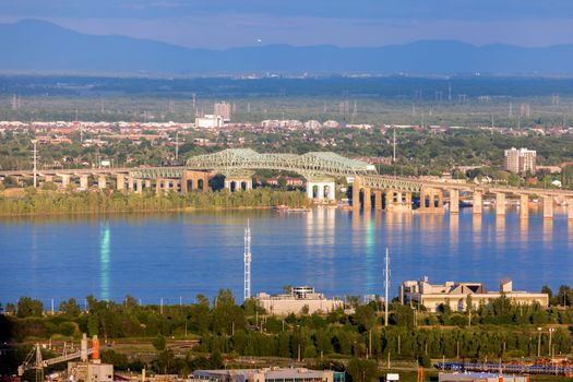 Panorama of Montreal with St. Lawrence River. Montreal, Quebec, Canada.