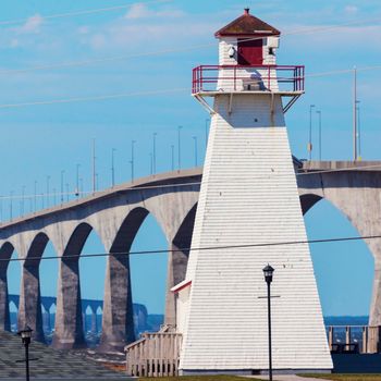Port Borden Range Rear Lighthouse and Confederation Bridge. Prince Edward Island, Canada.