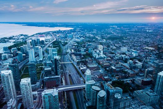 Aerial panorama of Toronto at sunset. Toronto, Ontario, Canada.