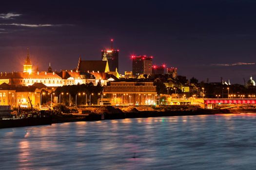 Old Town of Warsaw accross Vistula River at sunset