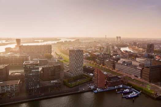 Aerial panorama of Rotterdam at sunset. Rotterdam, South Holland, Netherlands.