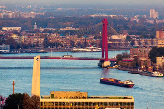 Aerial panorama of Rotterdam with Willemsbrug Bridge. Rotterdam, South Holland, Netherlands.