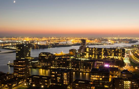 Aerial panorama of port in Rotterdam. Rotterdam, South Holland, Netherlands.