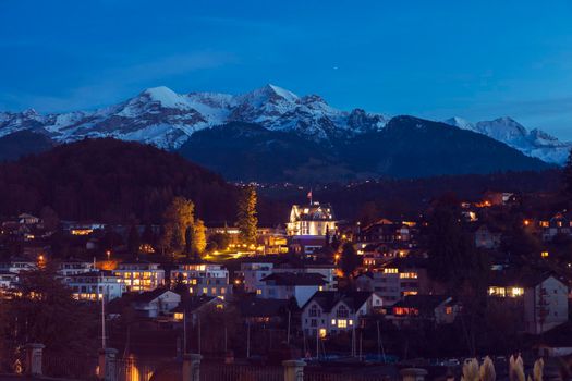 Spiez panorama at night. Spiez, Bern, Switzerland.