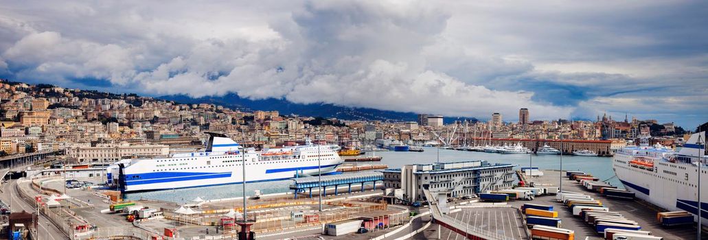 Port of Genoa - panoramic view. Genoa, Liguria, Italy.