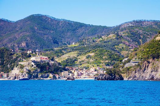 Monterosso architecture from the sea. Monterosso, Liguria, Italy.