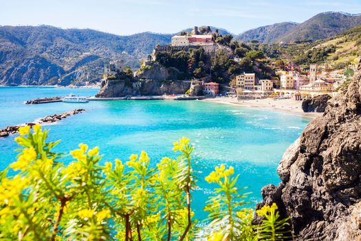 Monterosso architecture from the sea. Monterosso, Liguria, Italy.