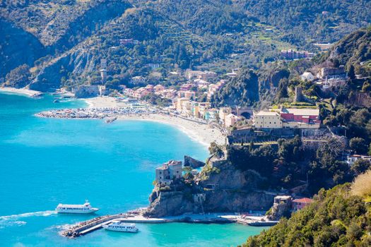 Monterosso architecture from the sea. Monterosso, Liguria, Italy.