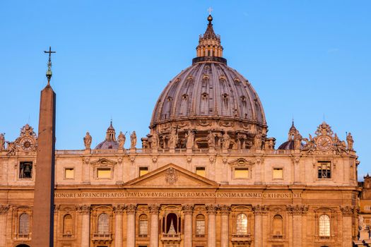 St. Peter's Basilica in Rome seen at sunrise. Rome, Lazio, Italy.
