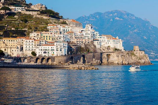 Architecture of Amalfi at sunset. Amalfi, Campania, Italy.