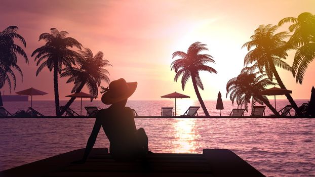 At a tropical resort a lonely girl sits on a pier admiring the sunset.