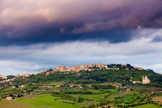 Montepulciano panorama at sunset. Tuscany landscape. Tuscany, Italy.