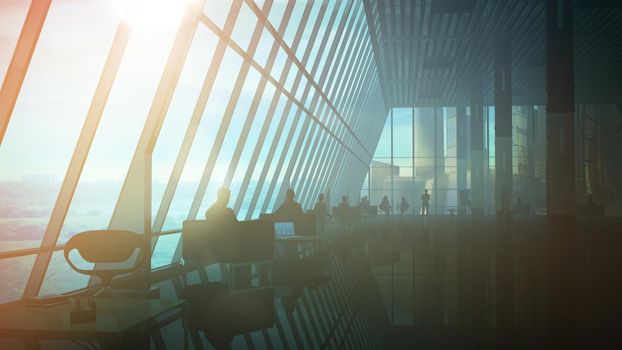 Silhouettes of people at work in a modern spacious office.