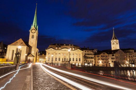 Panorama of Zurich at night. Zurich, Switzerland.