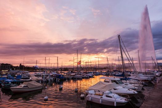 Jet d'Eau and harbor in Geneva. Geneva, Switzerland.