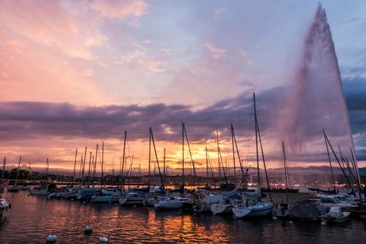 Jet d'Eau and harbor in Geneva. Geneva, Switzerland.