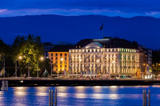 Architecture of Geneva at night. Geneva, Switzerland.