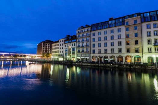 Architecture of Geneva at night. Geneva, Switzerland.