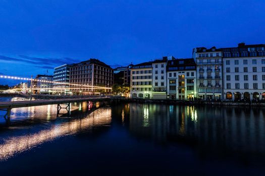 Panorama of Geneva at night. Geneva, Switzerland.