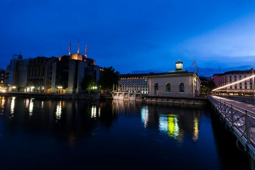 Panorama of Geneva at night. Geneva, Switzerland.