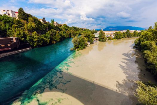 Confluence of the Rhone and Arve Rivers in Geneva. Geneva, Switzerland.