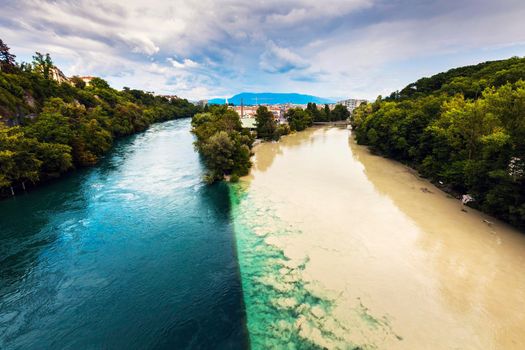 Confluence of the Rhone and Arve Rivers in Geneva. Geneva, Switzerland.