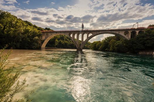 Confluence of the Rhone and Arve Rivers in Geneva. Geneva, Switzerland.