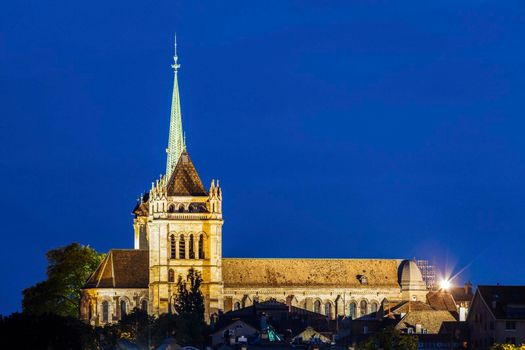 Geneva Cathedral seen at night. Geneva, Switzerland.