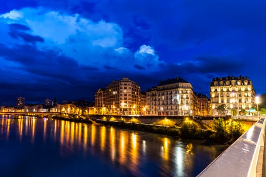 Grenoble architecture along Isere River. Grenoble, Auvergne-Rhone-Alpes, France.